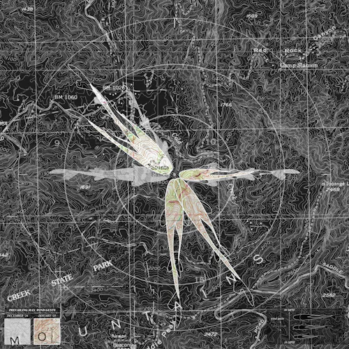 A square image of a black and white retro map of the Santa Monica Mountains fills up the screen. A faint polar grid echoes outward from the center of the page, which centers at "Stunts Ranch". Top views of Japanese koinobori fish of varying lengths in a graphic lined style surround the center of the polar grid, with fish grouped in the east to south quadrant and the west to north quadrant. In the bottom left corner, the title of the map reads "Prevailing Max. Wind Gusts." Below that are two squares. The square on the left is labeled "December '24" and contains a light grey monochrome color style and the square on the right is labeled "January '25" and contains an earth-toned colorstyle. In the west-north quadrant, two of the fish are in the earth tone, and two are grayscale. In the east-south quadrant, three of the fish are in the earth tone, one is gray scale.  In the bottom right corner, a legend of fish length to speed of wind gusts is laid out. The longer the fish, the faster the wind.