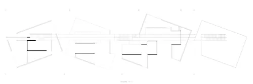 Four floor plans are aligned in a horizontal fashion. The first floor is positioned at the left of the page, with lines connecting it to the second floors, third floors, and roof.  Various lines mark the vertical distance of the floors from the ground. The top set of height markers read from left to right: 0 feet, 13 feet, 23 feet, 25 feet, and 35 feet. The bottom set of height markers read from left to right: 0 feet, 10 feet, 20 feet, and 35 feet. The bottom center of the page reads "Unrolled Plan 1/8 inch = 1 foot."