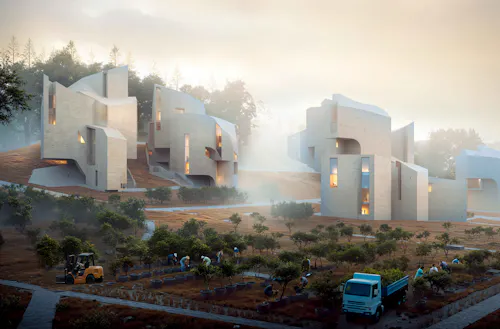 Foggy Morning, Regenerative Design — Modular homes and native nurseries emerge through fog, proposing a model of coastal resilience and rural renewal.