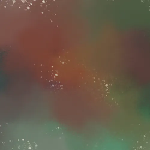 Watercolor-like blotches of red, orange, yellow and green overlap and mix together with speckles of glowing white splattered sporadically. 