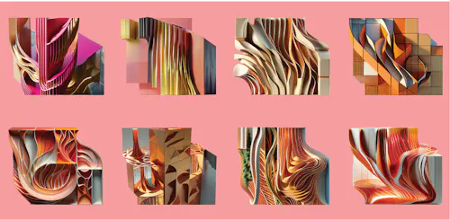 Eight abstract architectural compositions arranged in two rows against a solid pink background. Each design features sculptural forms with flowing, ribbon-like surfaces, sharp creases, and dynamic folds. Materials appear smooth and reflective, with hues ranging from deep red and magenta to cream, gold, and burnt orange. Some elements resemble twisted metal, while others echo organic, almost coral-like structures. The geometries suggest speculative facades or sectional studies, blending digital precision with expressive fluidity.