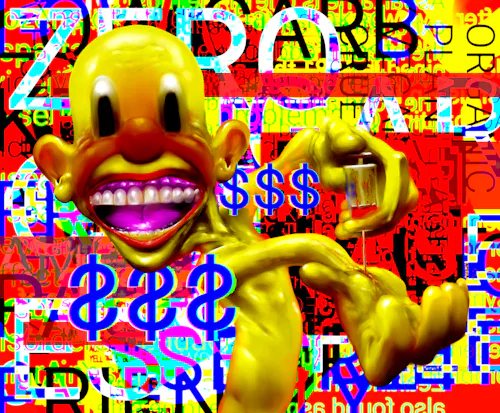 A contorted radioactive-yellow figure injecting a syringe of red fluid into the wrist. The face is clown-like, with extremely red rosy cheeks, lips, and nose. The pupils are black voids. The figure stands among a digital collage of chaos— nutrition labels and marketing phrases such as “LOW CARB,” “CRUELTY FREE,” “KETO FRIENDLY.”