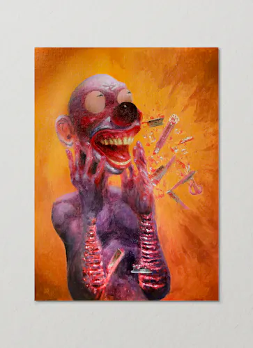 A purple clown-like figure stands to the left in a vibrant orange composition with sharp radial lines. The wrists are freshly cut open with some razors still stuck in the arms. There is an exploding little assortment of razors to the right of the composition— shaving blades, glass, pink eyebrow razors, scissors, a box cutter with a cutesy cat paw design. The face is contorted into a manic smile.