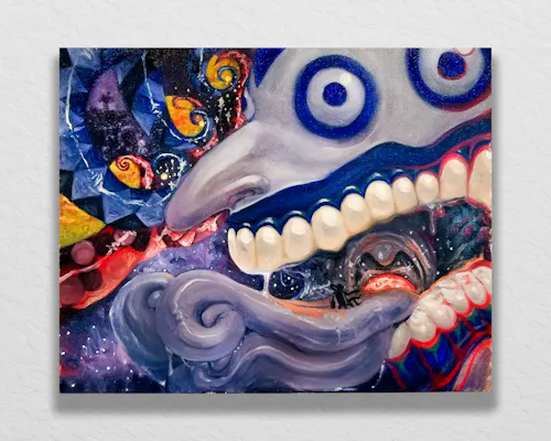 A cosmic jester like figure sits to the right of the composition. The prongs of his hat section off different planes of existence. There is a constellation at the bottom left forming a “flipping the bird” sign. A tiny figure lounges casually inside the mouth of the jester, martini in hand, watching the sun rise from his throat.