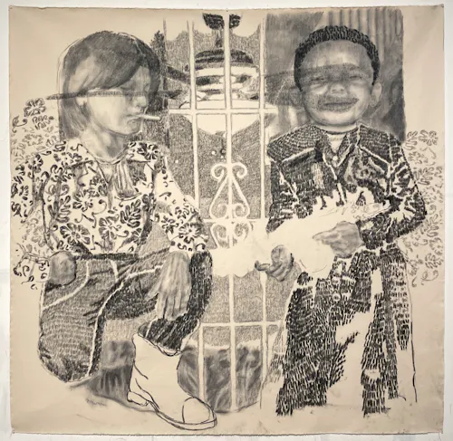 Living Room, 72 x 72, Charcoal on Canvas, 2025