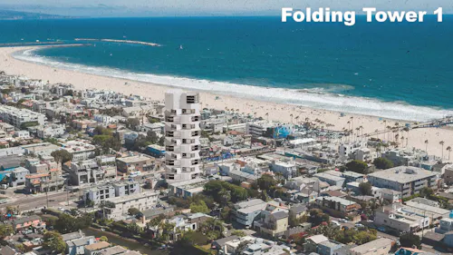 Located on the Santa Monica coast, this high-rise luxury residence reinterprets vertical living in a mostly low-rise neighborhood. Inspired by sculptural forms generated in Midjourney, the design began as a speculative study and evolved into a site-specific tower engaging both ocean and city. Its folded massing captures views of the Pacific and forms a visual link with Downtown Los Angeles, standing as a landmark that blends landscape, urban connection, and residential experience.