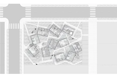 A black and white digital line drawing of a cut floor plan with context of two R-1 lots on a corner in Los Angeles that have been redesigned to have ten small townhouses attached only by shared corners instead of single family homes to densify the urban fabric