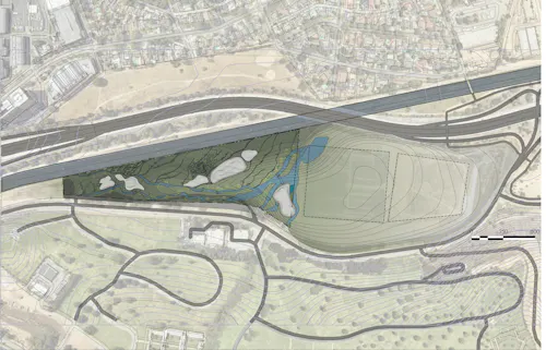 A landscape project with two subterranean reservoirs that overflow out onto the tapered landscape allowing water to flow around organic shaped buildings.