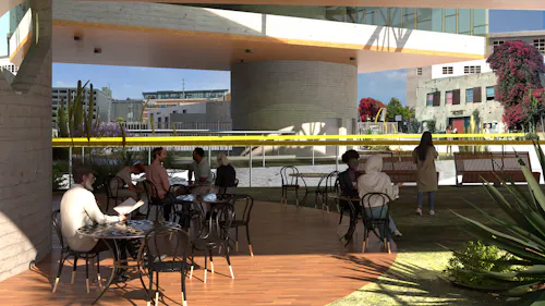 A digital rendering of a large school building in an infill lot in Downtown Los Angeles lifted on concrete cores to create a public greenspace below. The camera is directed towards the street through a crowd of people sitting at tables and chairs of the schools' cafe. The landscape features California native plants and wood flooring and a yellow handrail