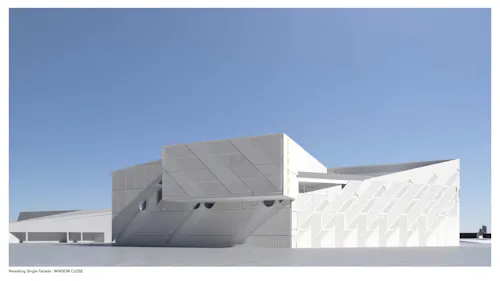 Revealing single façade system showing three stages: window fully closed, window partially open, and window fully open. The operable design transforms the façade’s opacity and civic expression.