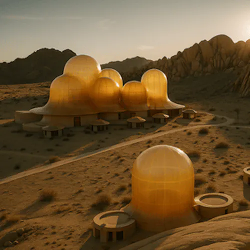 Video walkthrough of “Onaya,” a speculative desert retreat blending architecture, AI, and sensory design. Features translucent pavilions, kinetic skins, and immersive spatial sequences inspired by psychedelic healing rituals. Rendered with golden-hour lighting and surreal desert landscapes, the video captures both architectural detail and emotional atmosphere through animated transitions and ambient sound.