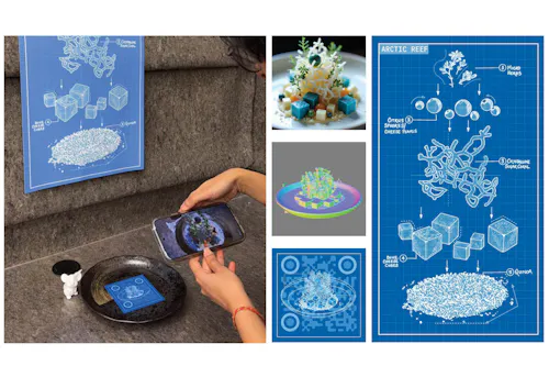 Still from “Arctic Reef,” an augmented reality dining project visualizing melting polar ecologies and supply chains. A mobile AR interface overlays animated data and simulations onto a physical plate, merging speculative cuisine, ecology, and mixed reality.