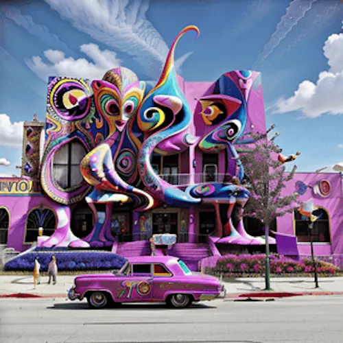 Visual from “Psychedelic Odyssey,” a speculative AI-driven redesign of Sunset Boulevard. Features surreal facades, morphing urban forms, and animated festival scenes inspired by 1960s counterculture.