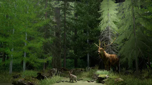 A hyperrealistic forest scene staged indoors shows a rabbit facing a large stag with antlers. Surrounded by dense trees and mossy rocks, the animals stand under a studio lighting rig, revealing the scene is part of a constructed soundstage.