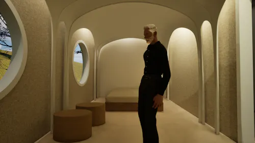 An elderly man stands alone in a softly lit, minimal room with curved walls and round windows, shot in The Brick House by Phillips. The space feels serene yet quietly heavy, evoking the solitude of a life lived in stillness.