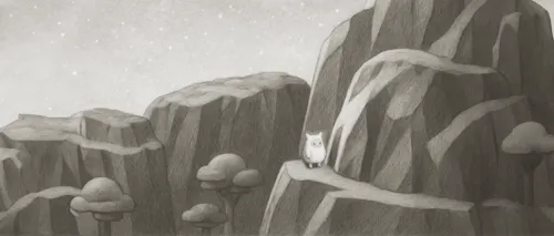 A small white creature stands alone on a cliff edge, surrounded by layered rock formations under a starry sky. The scene is quiet, dreamlike, and full of anticipation.