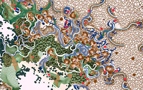 Abstract digital artwork featuring an intricate, organic pattern resembling a forest ecosystem. The image includes flowing blue and white lines like rivers, brown and orange mushroom-like shapes, green clusters mimicking foliage, and bright red circular elements scattered throughout. A tan, net-like texture fills the background, contributing to the sense of layered natural complexity.