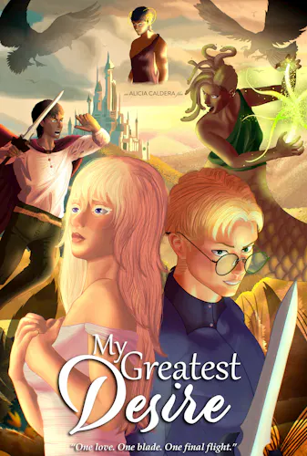 A poster consisting of 5 characters. Sad woman with white hair in the front left. Blonde man with a smirk, blue clothes, and a sword to her right. Young band with a red cape, angry expression in the back charging towards a woman who looks like medusa. Bakcground has a castle, hills, and clouds. In one of the clouds there is a serious man with horns. The top corners have a silhouette of a peacock and a swan.