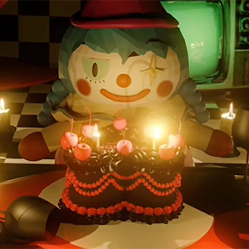 Capstone Project display of short animation "Lonely," featuring Loli’s birthday scene with a poster, cake, candles, and looping video.