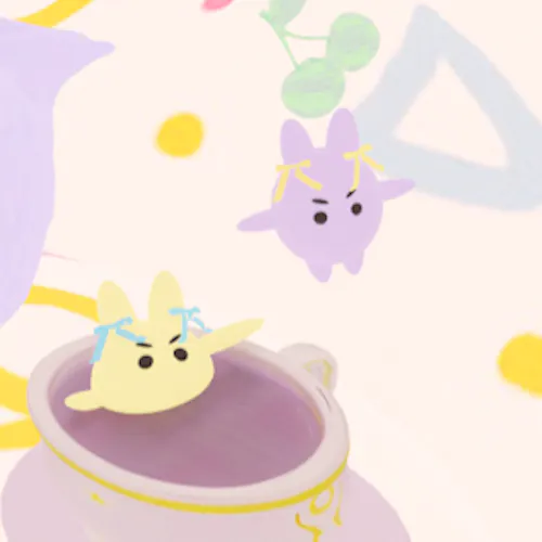 Pastel world with cute characters and desserts, expressing identity and self-acceptance through a girly, dreamy fantasy landscape.