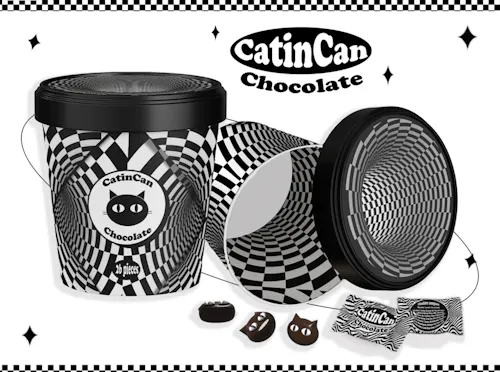 Packaging design for “CatinCan Chocolate” featuring a black cat logo and bold black-and-white optical illusion patterns with cat-shaped chocolates.