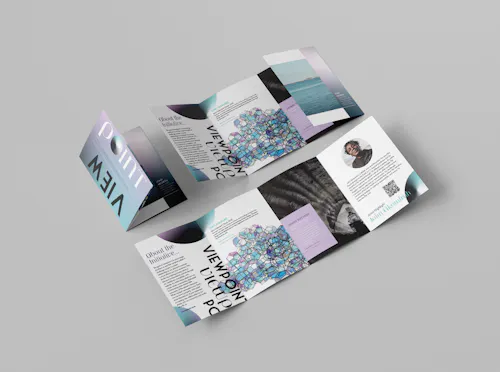 2 prints of an 8 panel, gate-fold pamphlet laid out on a grey background.