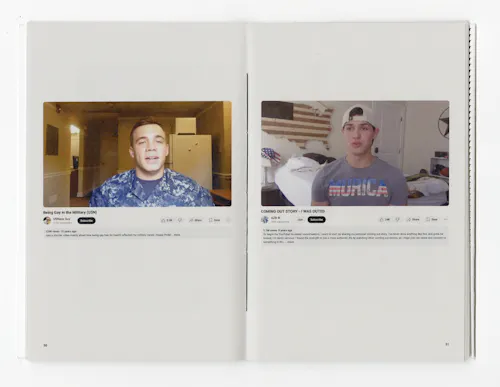 A book spread showing two pages. Each page contains a full-page screenshot of a YouTube video. The left page displays a video titled “Being Gay in the Military (USN)”, and the right page shows one titled “COMING OUT STORY – I WAS OUTED”. Both videos feature gay military influencers.