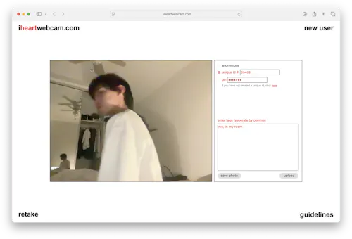 Screenshot of a webpage upload interface showing a webcam photo on the left side and a form on the right with options to select anonymous or unique ID posting and a text field for entering tags.