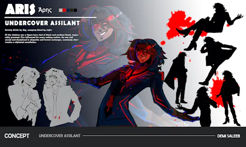 An image of a dubious and sinister character is shown. The image background fades from white to black, the character having brown hair, red eyes, and a black suit with red stripes. They are mischevious, appearing charismatic and sardonic. There are blood stains along the page, and the character is seen in various poses, elegant and poised. One image shows the character cleaning a knife.