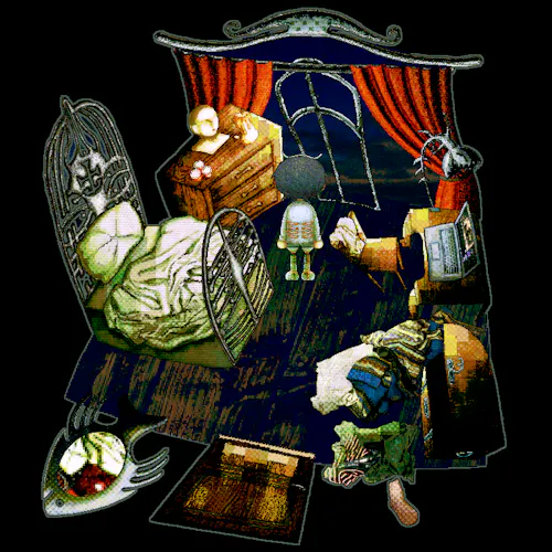 A green, red, brown, and silver pixel art room with skewed perspective stands out against a black backdrop. By the far window, a sprite of a character stares out at the darkness.