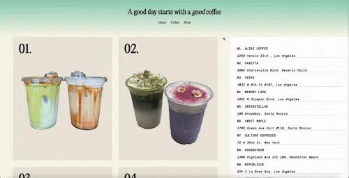 A clean website interface features the header text “A good day starts with a good coffee” in a large, serif font. Below, a grid of coffee cup cutouts is placed, each styled with a paper or ceramic cup. It displays on a soft beige background. Each cutout represents a different café or coffee shop I visited, with small location names and dates on the side. The cups vary in color and design, reflecting the branding of each shop.