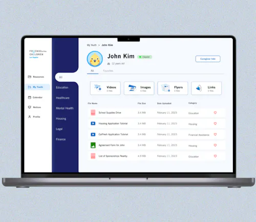A web app thumbnail shows a clean, user-friendly interface with a light background. A bold blue header reads “Friends of the Children,” with simple icons below for messages, events, and resources. The layout is intuitive, with rounded buttons and a warm, welcoming feel.
