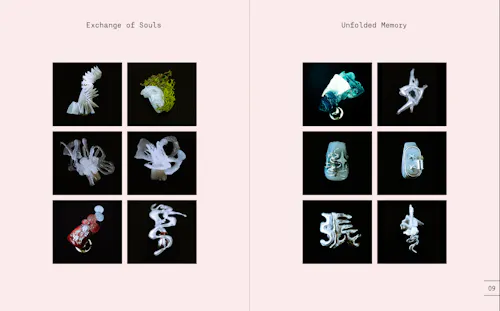 Twelve white nail designs displayed against a black background, arranged in a grid over a soft pink backdrop. Each nail features unique detailing, patterns, or textures as part of a publication design project.