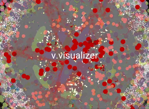 Thumbnail GIF of fast moving pixel-like circles appearing , flashing and changing colors like an explosion. In the middle reads "v.visualizer"