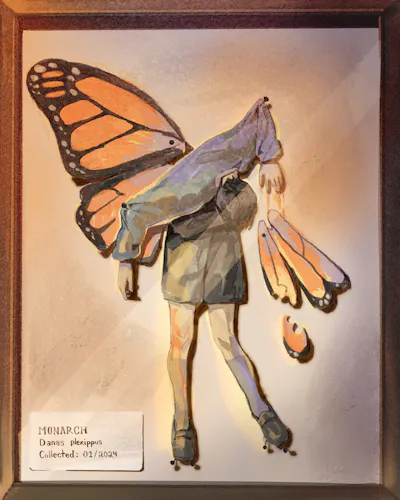An illustration of a young man displayed as a monarch butterfly in a frame.