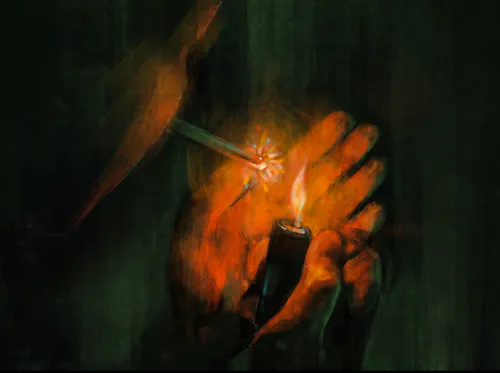 The overall scene is dimly lit, with a close-up focused on the character from the shoulders up. He holds a cigarette in his mouth, and as he lights it, the flame suddenly transforms — the cigarette begins to sparkle like a sparkler. It bursts into fireworks-like glows, startling him. The cigarette slips from his mouth and falls into a puddle on the ground. The sparks slowly fade, but something continues to grow. From the tip of the cigarette, a small sprout emerges, gradually growing larger — eventually blooming into a bird of paradise flower.