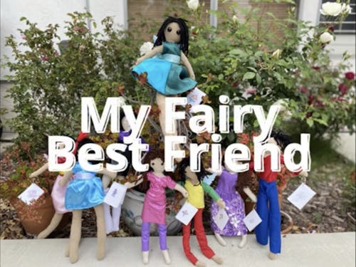 Thumbnail: 8 fairy dolls sewn by the artist are propped against potted plants. These dolls make appearances throughout the video alongside the artist and her team of volunteers.