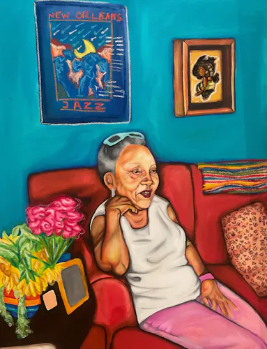 A painting of an older woman looking aware from the viewer, sitting on a red couch. Surrounding her are pillows, blankets, flowers, and wall hangings of a mother with a child and a New Orleans jazz poster. The colors are vibrant, the woman in the portrait is calm, creating a tranquil mood. 