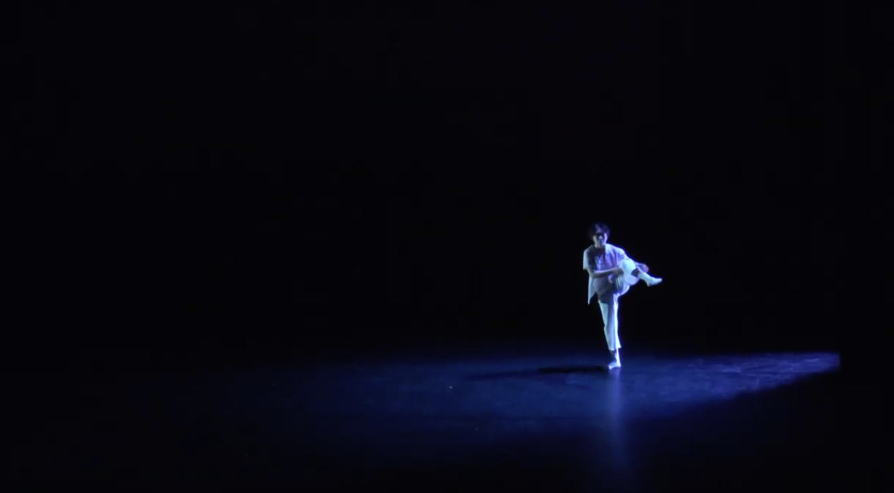 This is a eight minute recorded dance performance on stage. It is a dynamic duet piece. Two dancers wear generally white and flowy costumes on stage. The lighting on stage is basically dark but mostly blue lighting to represent the context of the ocean. Dancers start the opposite position on stage separately with one is in up stage left and the other is in down stage right. As the piece goes, they start to tangle together in movements, and they separate in the end as the same way they start, representing the end of their “relationship”. 