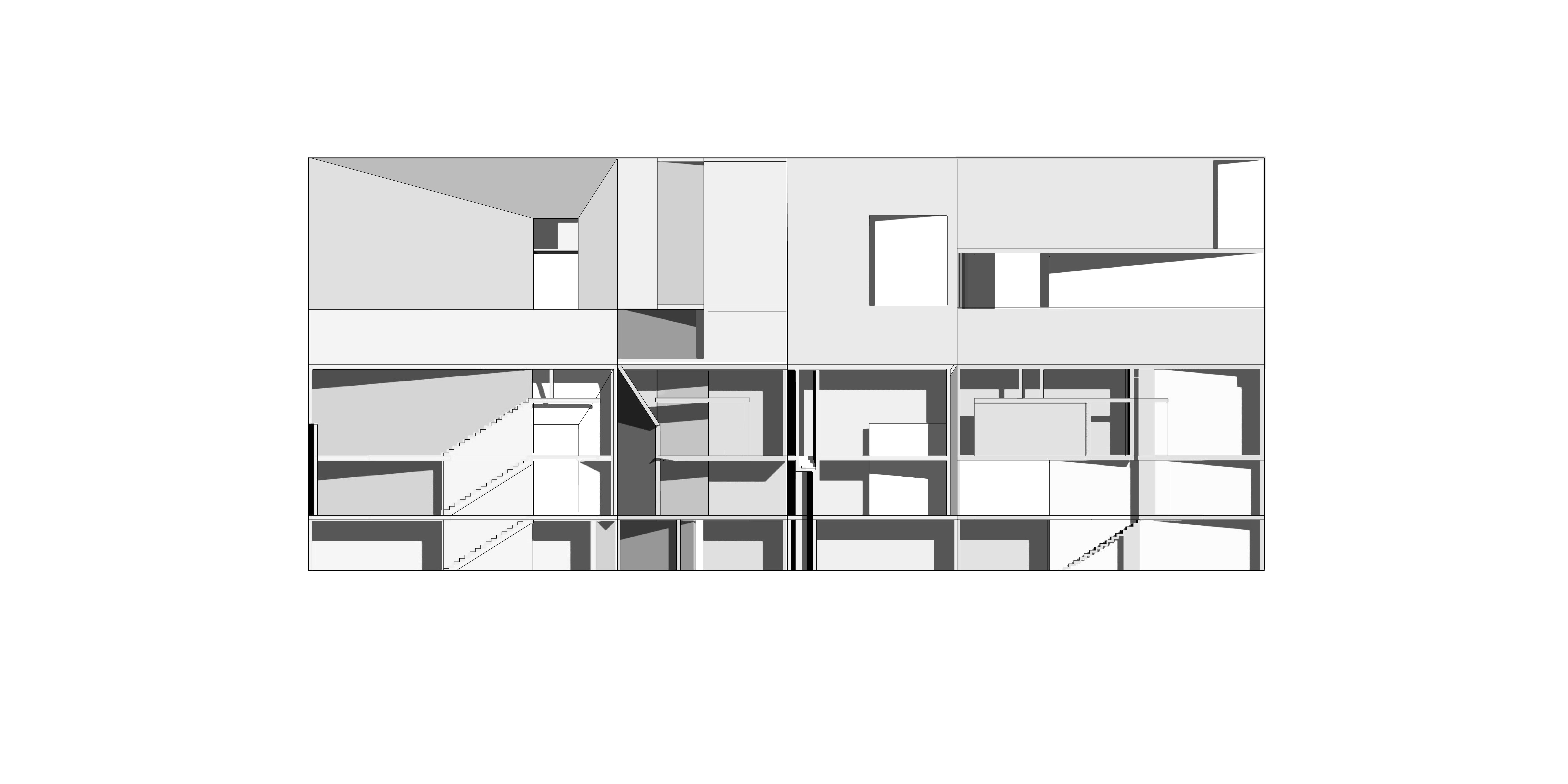 A drawing of an elevation and section of a rectangular building with multiple apertures. The elevation is placed above the section. The section is directly below, almost like a reflection on a lake. The colors are black and white and the shadows are emphasized which highlight the different floors, stairs, and openings of the building.