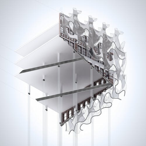 A digital line drawing illustrating the crystalline lattice façade system being applied to a chunk of an existing building. The view captures the chunk of the building from the bottom looking up. An invisible cut plane slices diagonally through the walls and floor plates to reveal the primary structural column grid. Bold lines at the underside of the crystalline lattice façade show the continuation of the cutline and further explains how the system is constructed with a single complex double-curvature surface.
