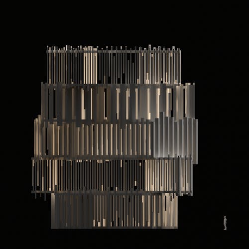 Architecture rendering of a building that is lit from within. A scale figure stands to the right looking at the building.