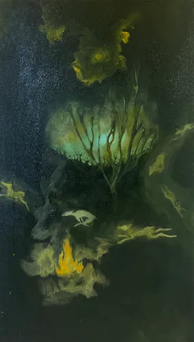 a sap green oily looking acrylic painting, in the top third a moon illuminates a treeline. in the center, there is a teal and green glowing pond, partially obscured by a thin bare tree. In the foreground there is a small campfire, and darting past it there is a row of what might be different stages of one small deer-like animal running or six animals running