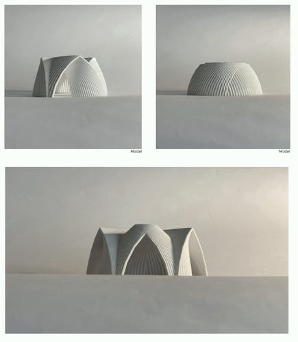 An architecture model is pictured. The model is made from a white plaster like material. It has round lines like ingloo which are created by an object that has been rotated several times. The igloo shape is repeated, where one is in the center and another overlaps on each side. The first two images show the side and the back of the model, where there are many geometic patterns which make up the igloo like sturcture. The last image shows the front of the structure where there is a door like opening created by the overlaps of the two side igloos. The overall background and the ground itself are a warm off white, with shadows that are soft. The feel of the pictures are soothing.