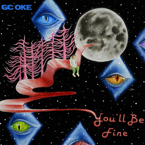 An album cover depicting a psychedelic stylization of GC Oke sitting alone in space.