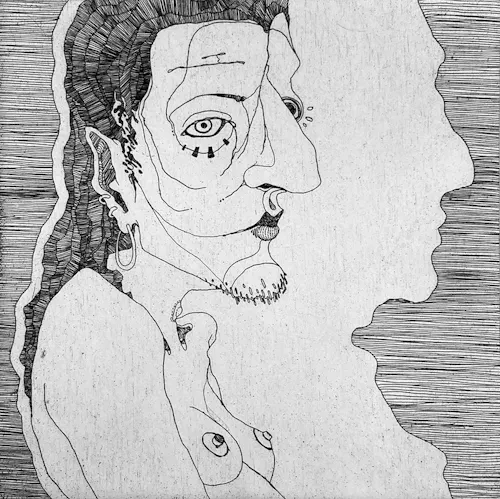 A soft metal grain textures the image with small vertical lines and dots. A figure, from just below the breasts to just before the top of the head faces rightward, hunched slightly in the shoulders, and stares at us with a piercing right eye. The left eye, hanging out behind a large nose, is not almond shaped, but made up of circles only. The face has many lines to define its form, running across areas of typical creases, and noting two defined forehead creases, a thin eyebrow above the right eye, and a dark upper lip and textured bottom lip. The chin is covered in short and small full hairs. The hair is long and cuts off around the back of the shoulders near the shoulder blades. The ear facing the viewer is slightly pointed, and bears a large ring earring a the bottom and two smaller ones up the ear just above the first. The small blip of a throat bulge has line detailing marks in circles, and both eyes have small radiating marks a little ways away from the eyes themselves. Surrounding the figure is a close outline to the left and a father away outline of the figure bust to the right of the image. Tight horizontal lines cover the image top to bottom on both sides of the outlined area.