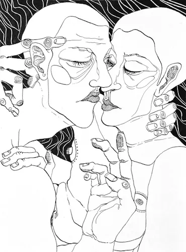 To figures, head to head, nose to nose, eye to eye, almost lip to lip, fill the frame, a stark white against the medium-thick and black wavy lines that flow from top left hand corner town towards the right. The figure on the right has eyes closes, a right hand racking around the other’s head, fingers brushing behind the ear, left hand resting three fingers on their shoulder, pinky up. The figure on the left has one eye closed, left eye open and resting on the other’s eye, right hand in the foreground finger’s slightly curled, touching and reaching nowhere yet, left hand wrapped around the back of the other’s neck.the Right figured body folds in on itself as it curled into the other figure, stomach folding, nipples detailed in a ring of small circles. Many of the finger pads are detailed with fingerprint lines. The lips are detailed dark with small marks, ears and nukes with spirals and curved lines. The faces have many lines to define its form, running across areas of typical creases, and noting two defined forehead creases on the left figure, thin eyebrows. The right figure has a softer more relaxed face.
