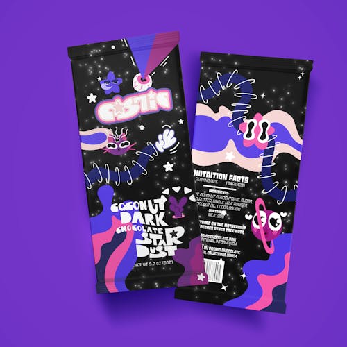 A front and back view of a space themed chocolate bar wrapper design themed around the flavor Coconut Dark Chocolate Star Dust 