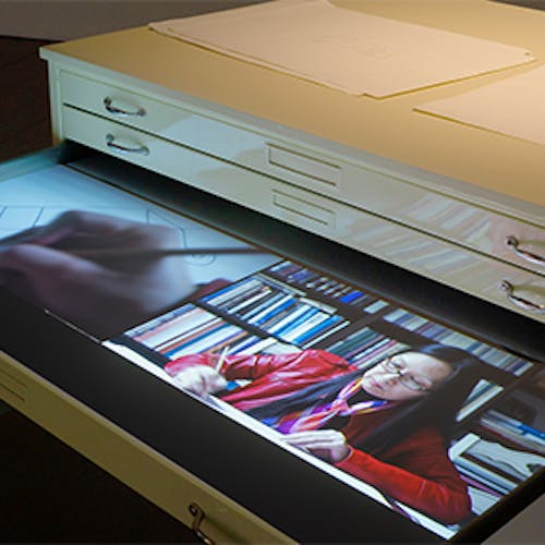 Memory Exercise, 2023. HD video, color, sound, steel flat file, automotive paint, drawing paper, graphite, 9:58 minutes 