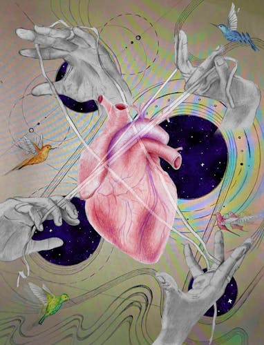 An illustration of 4 hands tugging strings entangled over a heart. Glitched and distorted birds fly over geometric patterns, organic linework, and holes in space